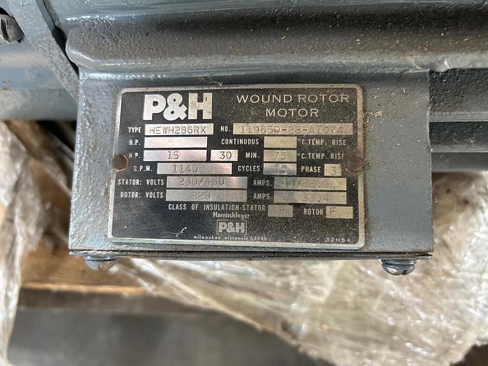 Used 15HP P&H Wound Rotor Motor, Model: HEWH286RX, RPM: 1140, Electrics: 230/460
