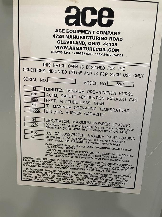 Used 2013 Ace Equipment Company Batch Oven, Model 8815