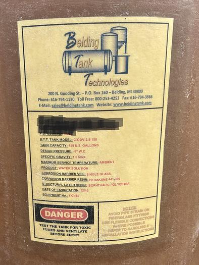 Used Belding Tank Technologies, Model: C-ODV-2.5-158, 158 Gallon Tank (2010)