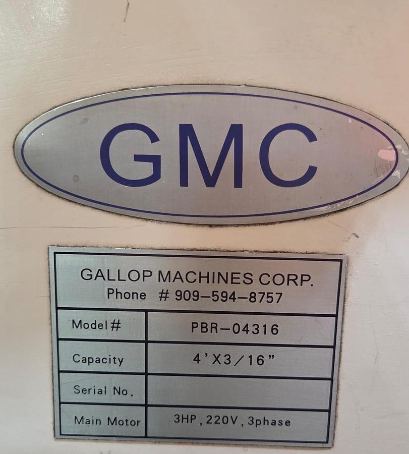 Used 4' x 3/16" GMC (Gallop Machines Corp.) Heavy-Duty Power Bending Roll, Model: PBR-04316