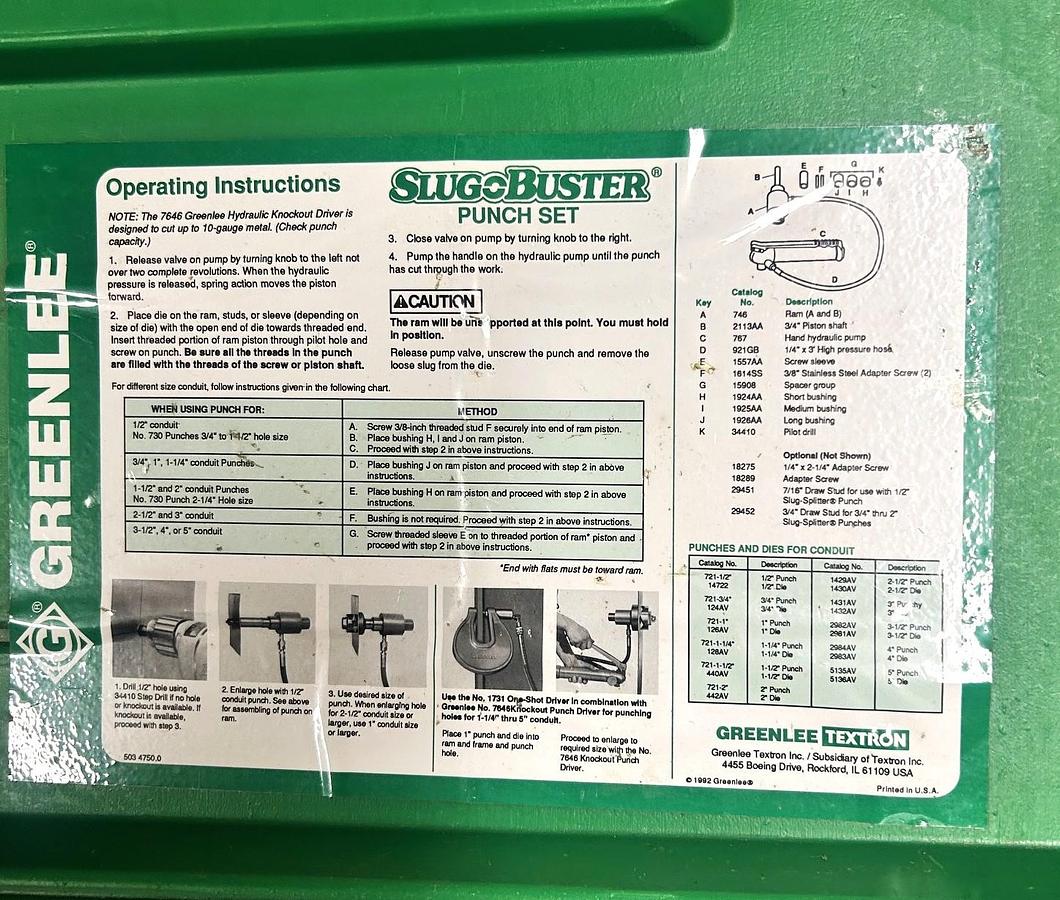 Used Greenlee 7306SB Slug Buster Knockout Punch Set W/ 767 Hydraulic Driver Set