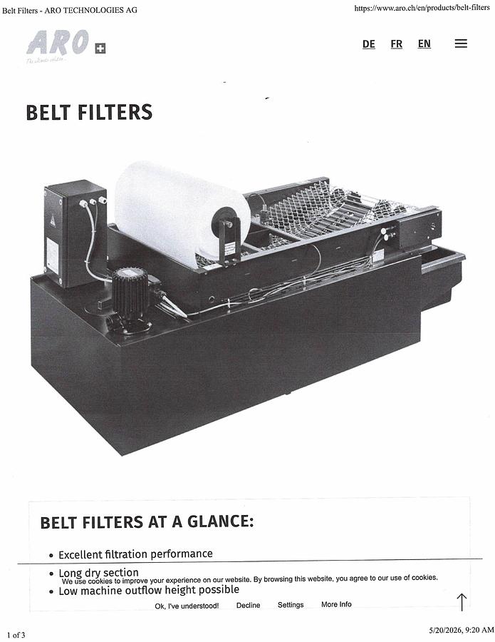 Used ARO Technologies AG (Switzerland) Type P 750/1250 E3 Automatic Belt Filter System