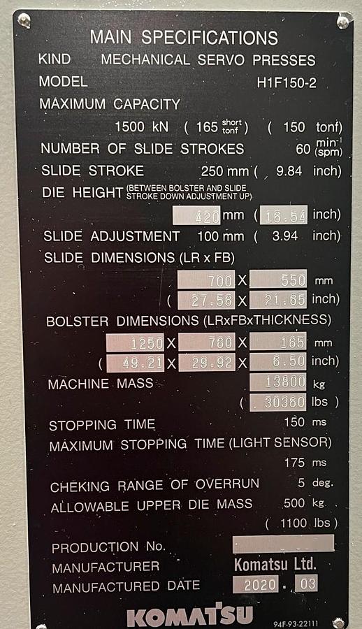 Used 165-Ton Komatsu Servo Model: H1F150-2 Gap Frame Press