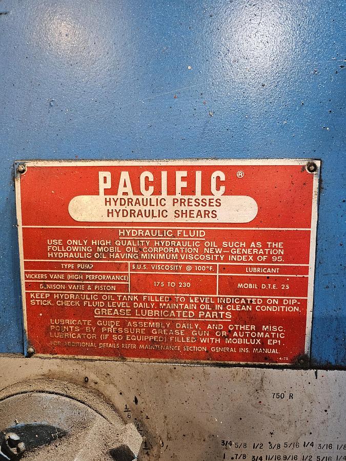 Used 3/4" x 10' Pacific #750-R10, hydraulic squaring shear