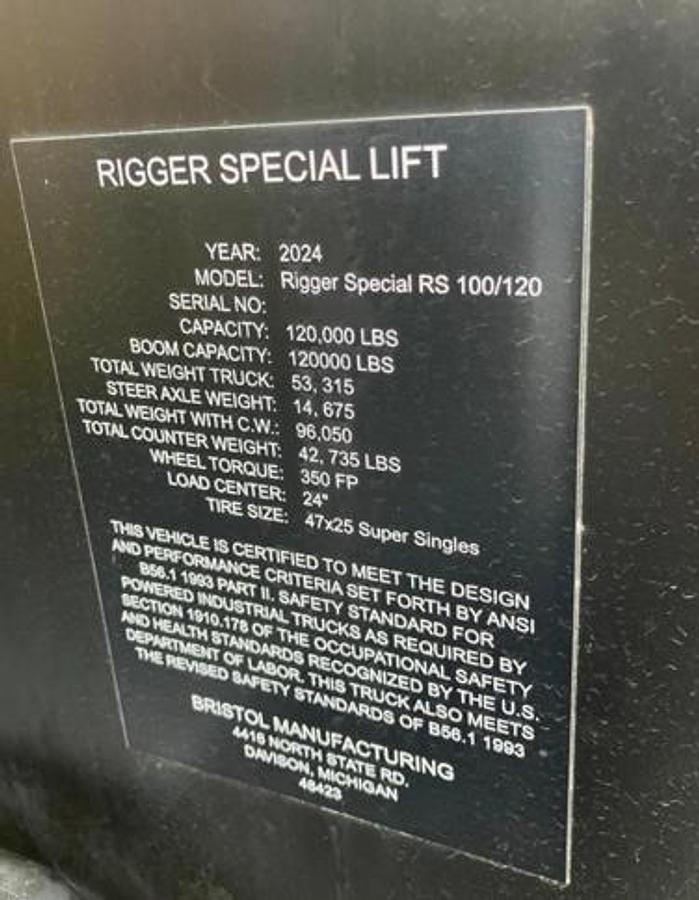 Used Bristol Rigger Special RS 100/120 120,000 LB. Cap. Propane/ Gas Forklift