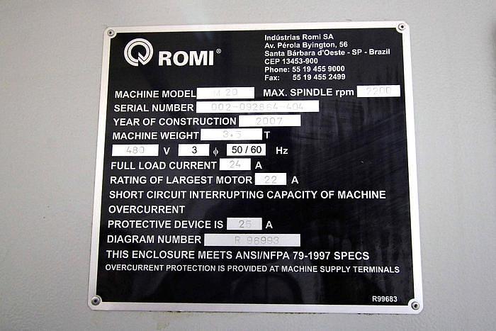 Used 2007 Romi M20 CNC Flatbed Lathe