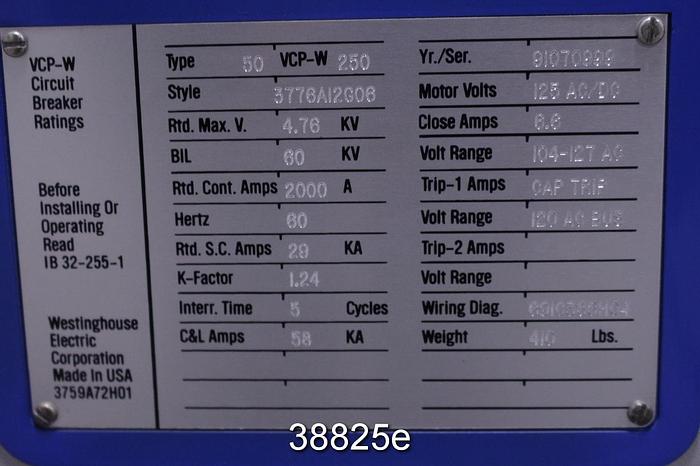 Used Westinghouse 50 VCP-W 250 Circuit Breaker #38825