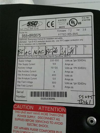 Used Eurotherm/ Parker / SSD Drives 955+8R0075/ LA470617U002 VER 7.2/ 6055-L-00