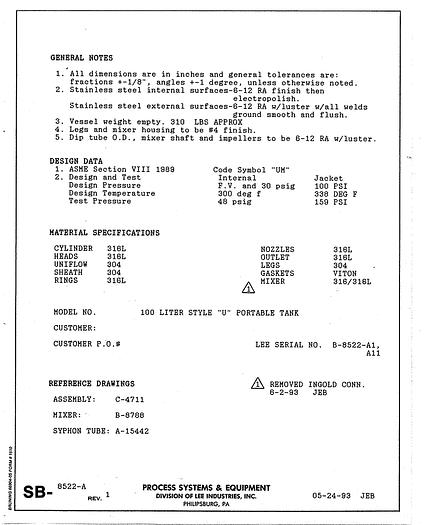 Used LEE 100 Liter Stainless Steel Jacketed Reactor w/ Agitator 30 PSI