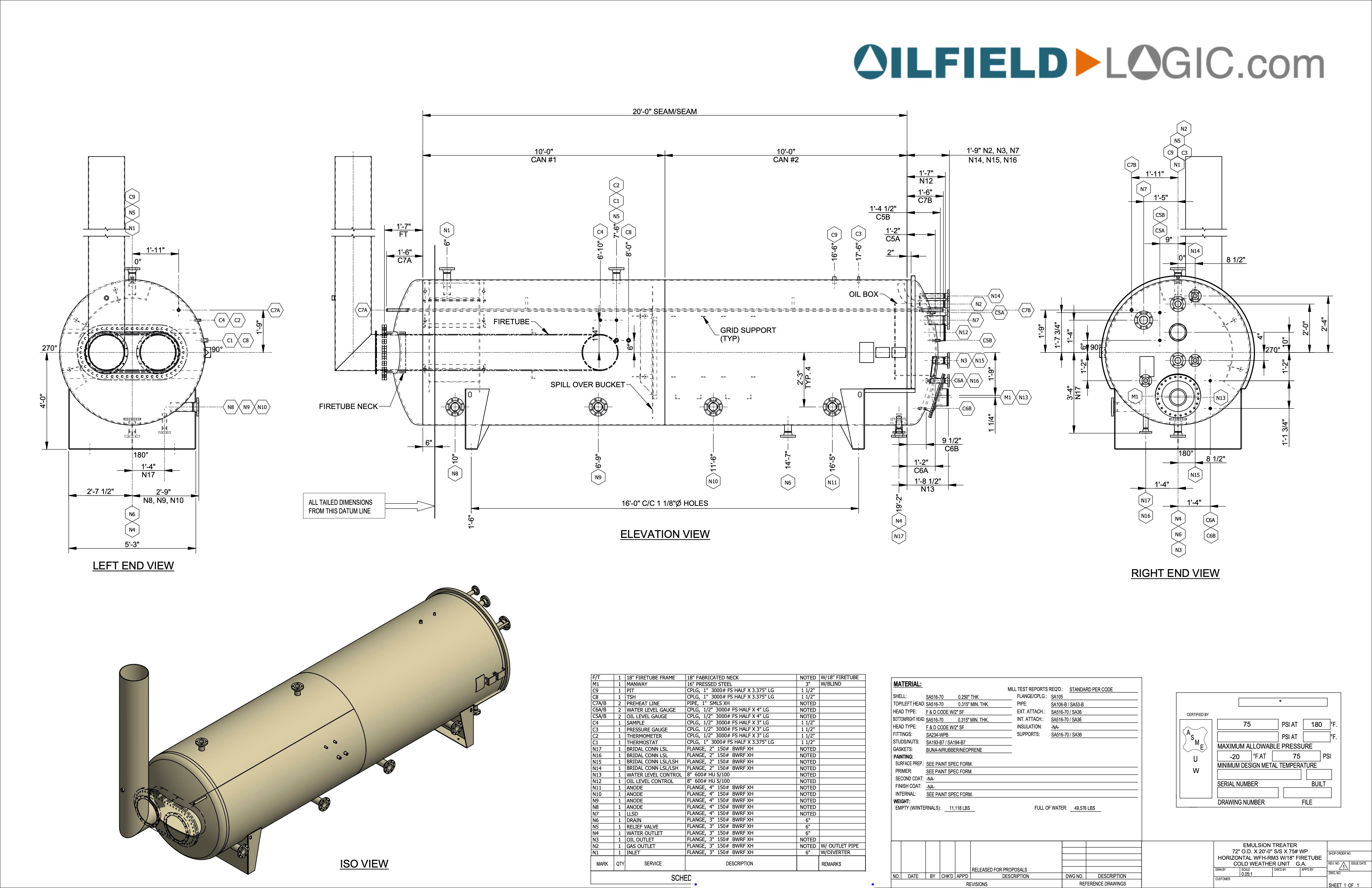 Heater Treater, Horizontal, 6'x20', 75#