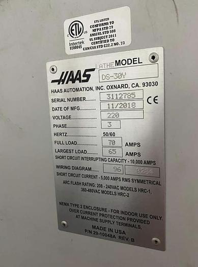Used 2018 HAAS DS30Y CNC Turning Center With Live Tooling ***Low Hours***