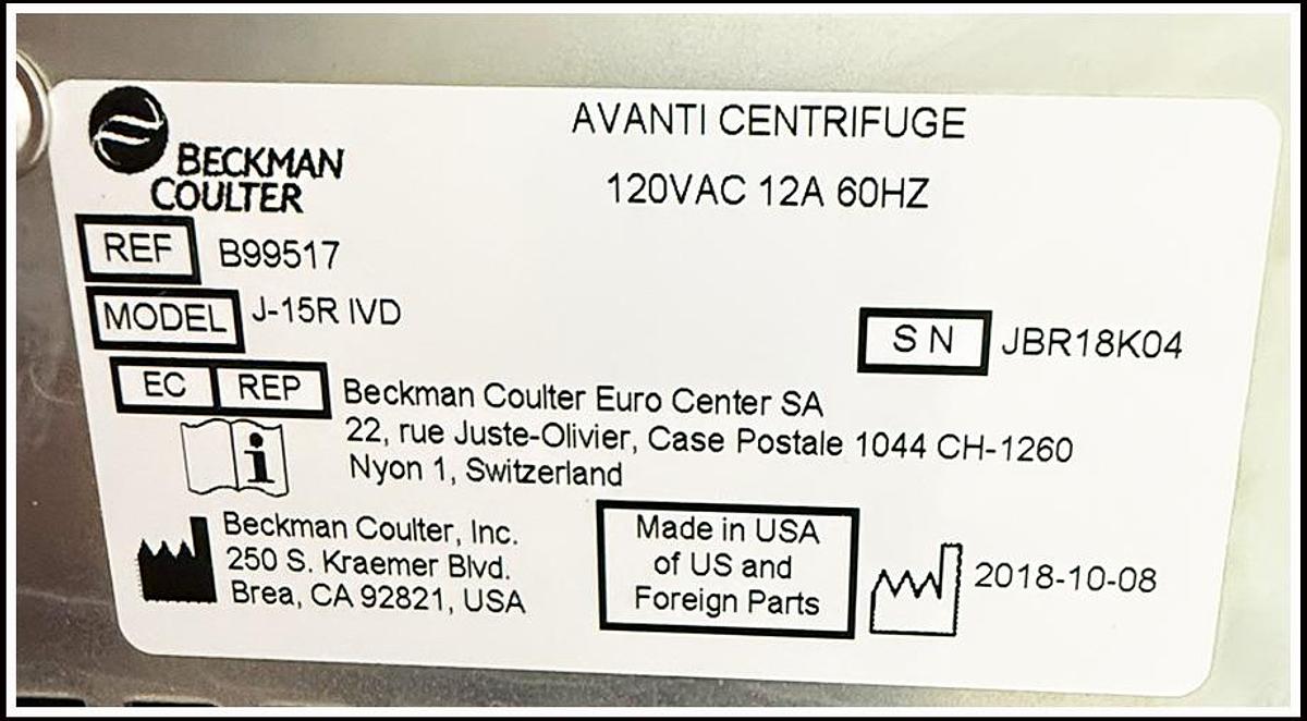 Used Beckman Coulter Avanti J-15R Refrigerated Centrifuge w WARRANTY