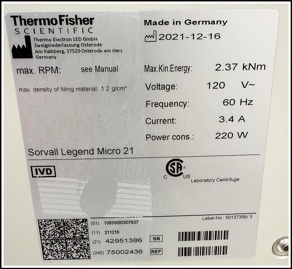 Used Thermo Sorvall Legend Micro 21 Microcentrifuge Centrifuge w WARRANTY