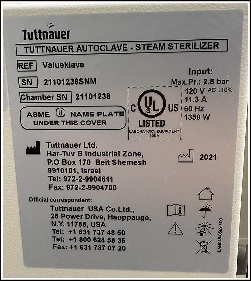 Used Tuttnauer ValueKlave Tabletop Autoclave w WARRANTY