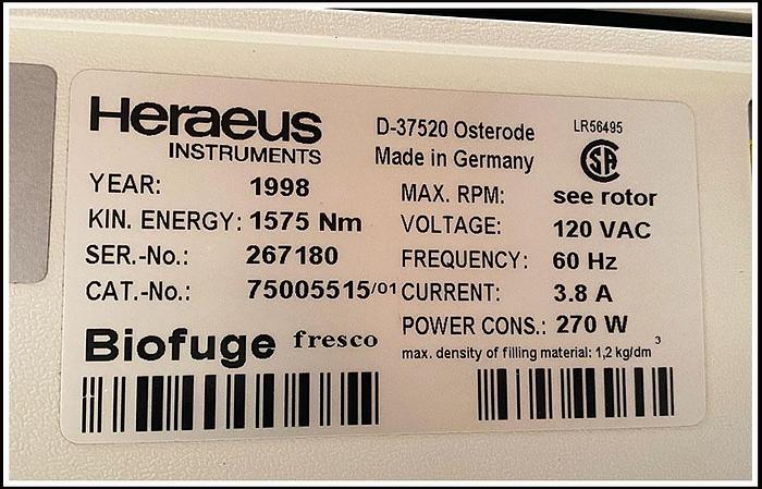 Used Heraeus Sorvall Refrigerated MicroCentrifuge Biofuge Fresco w WARRANTY