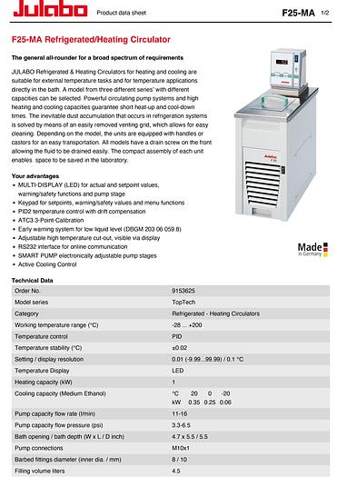 Used Julabo F25-MA Chiller Circulator Water Bath w WARRANTY