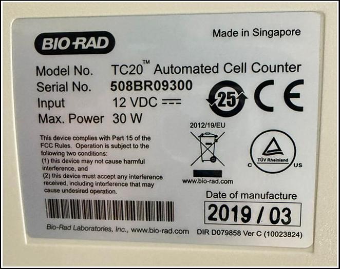 Used BioRad TC20 Automated Cell Counter w WARRANTY