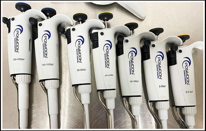 Used 7x Poseidon Single Channel Pipette SET + Stand w WARRANTY