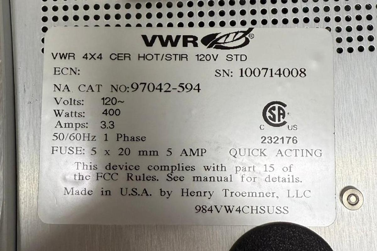 Used * VWR 4x4" Ceramic Magnetic Hotplate Stirrer 97042-594 GUARANTEED!