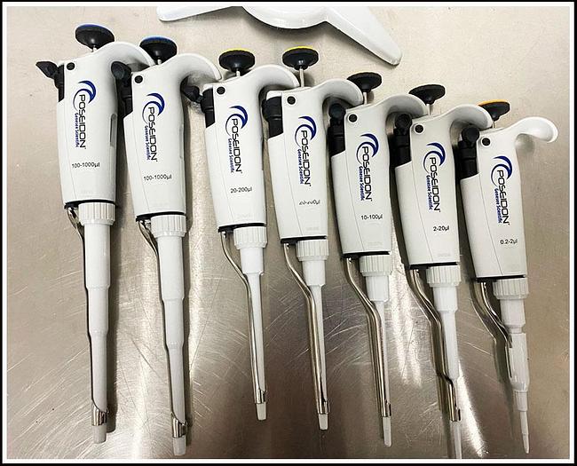 Used 7x Poseidon Single Channel Pipette SET + Stand w WARRANTY