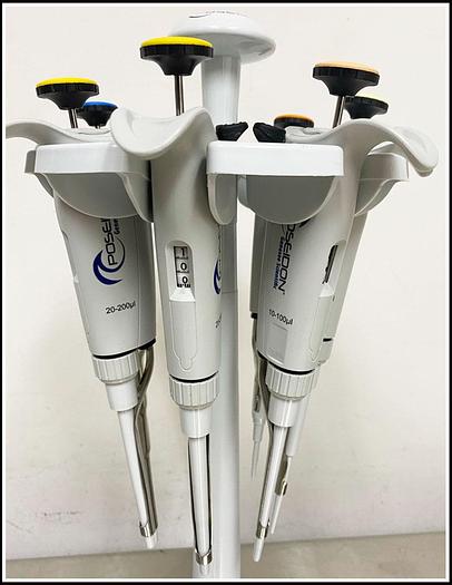 Used 7x Poseidon Single Channel Pipette SET + Stand w WARRANTY