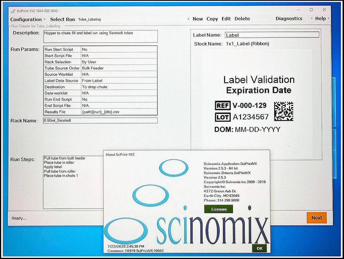 Used Scinomix Sci-Print VX2 Tube Labeling & Handling System w WARRANTY