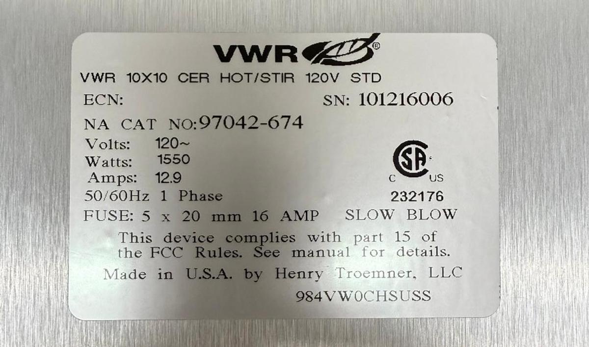 Used * VWR 10x10" Ceramic Magnetic Hotplate Stirrer 97042-674 GUARANTEED!