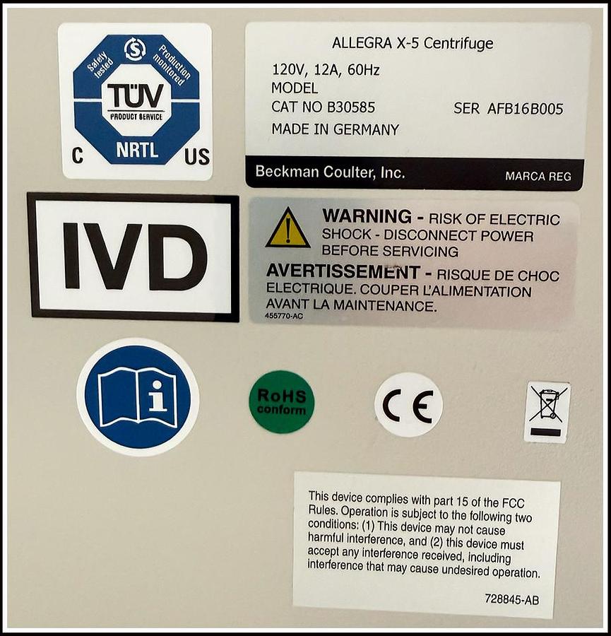 Used Beckman Coulter Allegra X-5 Centrifuge w WARRANTY