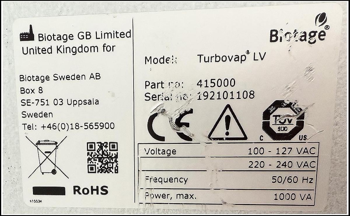 Used Biotage TurboVap LV Evaporator 415000 w WARRANTY