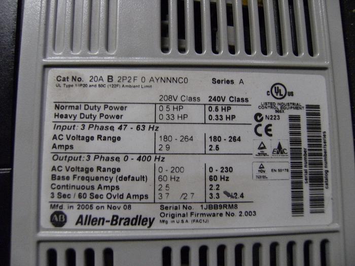 Used Motor, 1/2 HP, Allen Bradley, Powerflex 70, AC (2) #S740333
