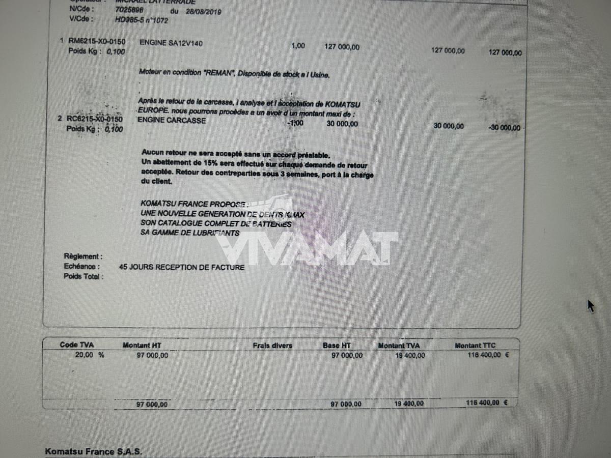 Used Engine -2019 Komatsu SA12V140 - WA800 - HD785 - HD985 - D475