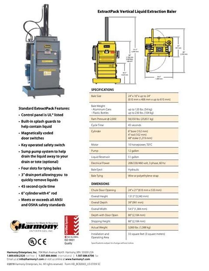Used Harmony ExtractPack Vertical Liquid Extraction Baler