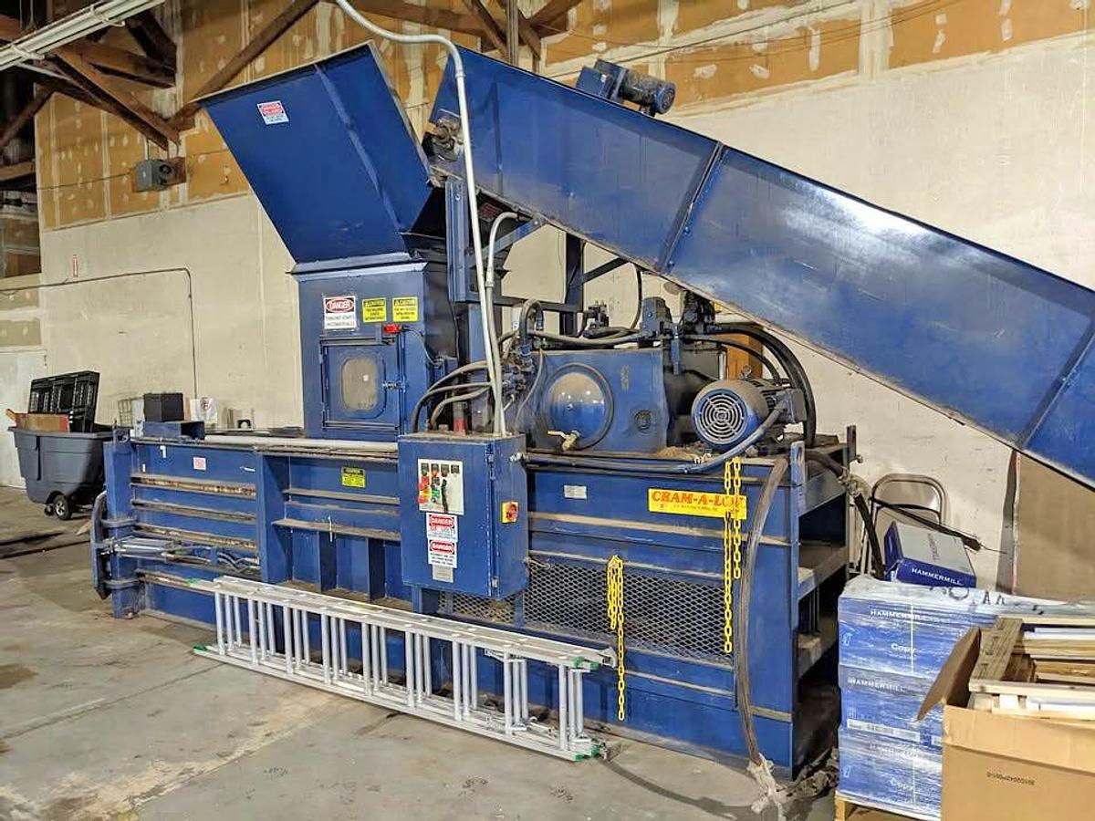 Used Cram-A-Lot Closed Door Baler with In-Feed Conveyor and Tipper