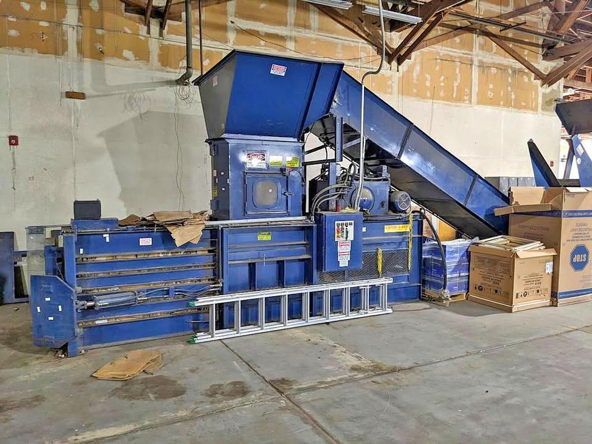 Used Cram-A-Lot Closed Door Baler with In-Feed Conveyor and Tipper