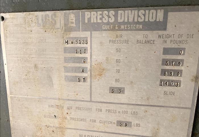 Used BLISS C-110 GEAR DRIVEN OBI PRESS