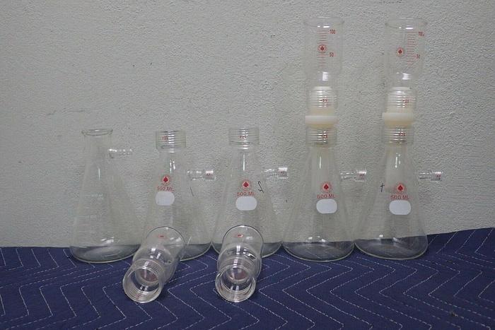 Used Lot of 4 Ace 500mL Flasks w/ #25 Top & Pyrex 5340 Erlenmeyer Filter Flask