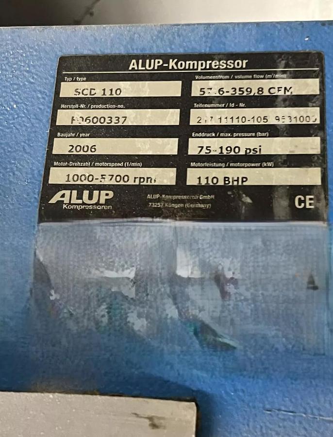 Refurbished Alup 100hp. Variable speed rotary screw air compressor tested