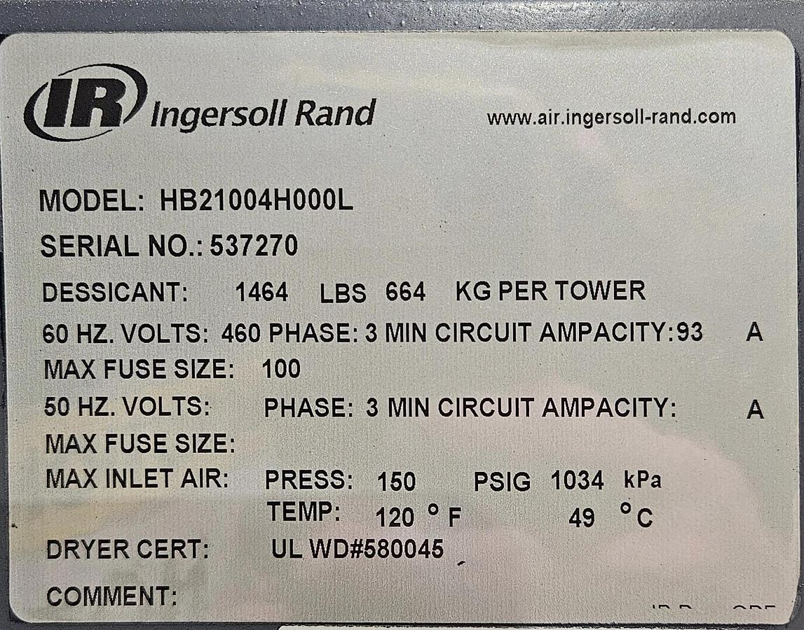Refurbished Ingersoll Rand HB2100 Heated Blower Purge Desiccant Dryer 2100 cfm
