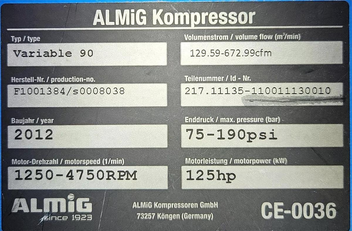Refurbished Almig 125hp. Variable speed rotary screw air compressor tested