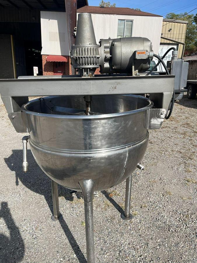 Used GROEN STAINLESS STEEL KETTLE, USED, APPROX 80 GAL. WITH TOP GEAR REDUCED MASTER  MOTOR