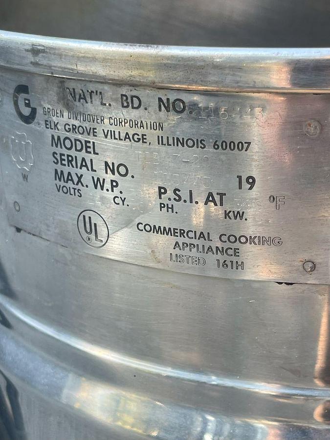 Used Groen Tilt Kettle TDB/7-20 CFC With Mixer 50 PSI @300oF