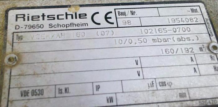 Used Pump, Vacuum, 7.5 HP, Rietschle, Type VCEH/AH 160 (2) #S737565