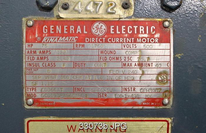 Used General Electric 5CD193PA865A804 75Hp, 1750RPM, 500Volts DC Motor #33073