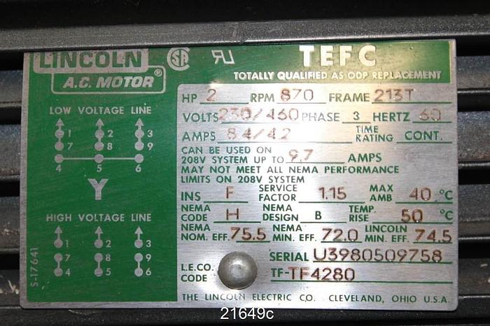 Unused Lincoln Motor, 2 Hp, 900 Rpm, 230/460 Volt, 213T Frame, (Unused) #21649