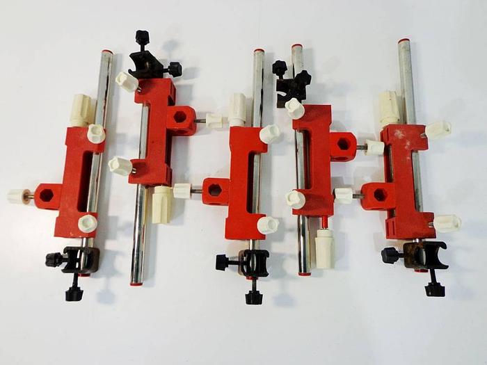 Used Injection Molded Nylon Laboratory Lead Screw Positioners on Steel Rods and Steel Square Type Bosshead Clamps, 5 pcs.