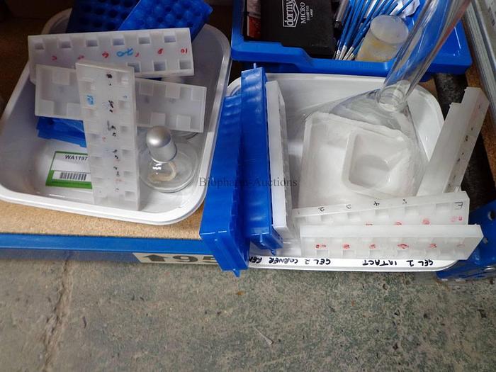 Used Glass funnel, bottles and trays