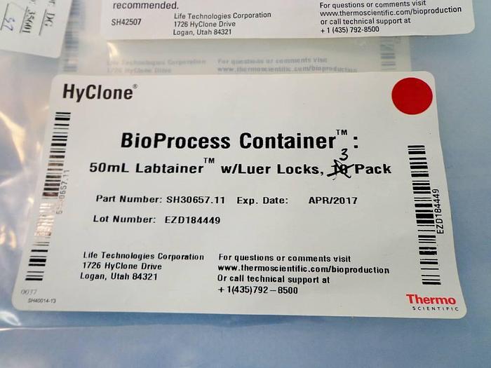 Used Thermo Scientific Labtainer BPC Bag, 50 mL with 2 Ports, Luer Lock and MPC Insert, SH30657.11, 3pcs.
