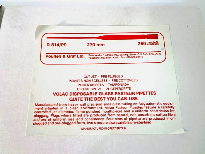 Used Poulton & Graf 270mm Volac Disposable Glass Pasteur Pipettes, D814/PP.