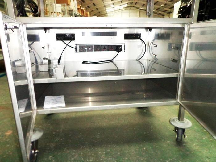 Used Stainless Steel Trolley With Removeable Top, Double Door Cupboard, Power Sockets and Keyboard/Monitor Stand.