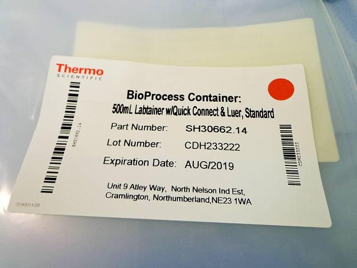 Used Labtainer BioProcess Container (BPC), 500 mL with 2 Ports, Luer Lock and MPC Insert, 2D BPC., SH30662.14, 9 pcs.